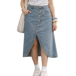 Vintage 90s No Excuses Denim Midi Skirt Button Front High Waist Size M 13/14 27"